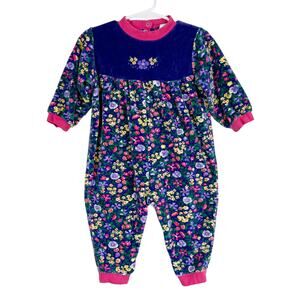 Vtg 90's Velvet Jumpsuit Floral Purple Pink Emma's Garden - 12-18 Months